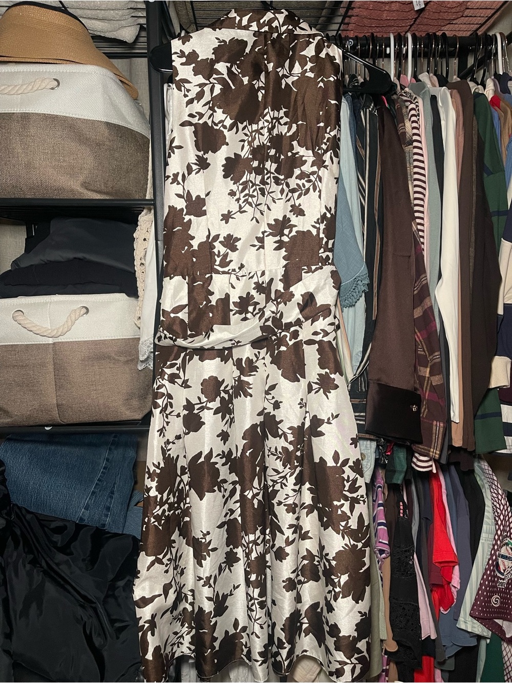 Elizabeth Howard Brown Ivory Floral Satin Wrap Maxi Dress Size 6